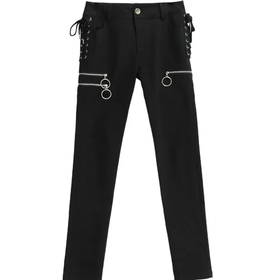 LISTEN FLAVOR Zip Design Side Lace-Up Black Skinny Pants Outlet