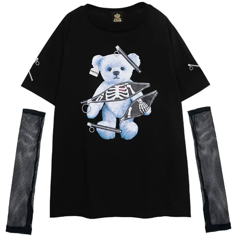 Tops>LISTEN FLAVOR Zipper Bear Mesh Top w/ Arm Covers