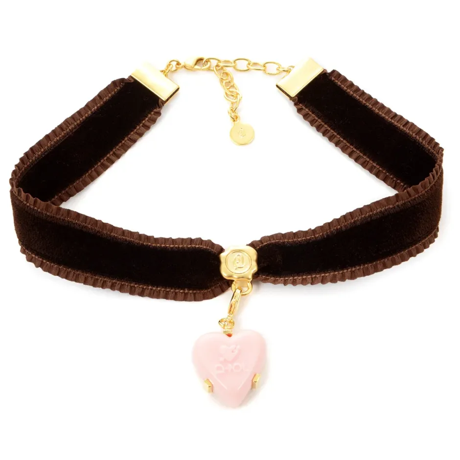 Jewelry & Hair Accessories>Q-pot. Velvet Ribbon Choker w/ Puchi Arrow Heart Milky Strawberry Charm
