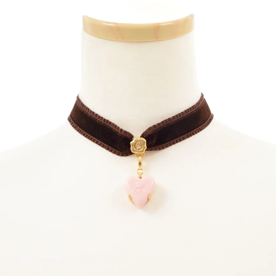 Jewelry & Hair Accessories>Q-pot. Velvet Ribbon Choker w/ Puchi Arrow Heart Milky Strawberry Charm