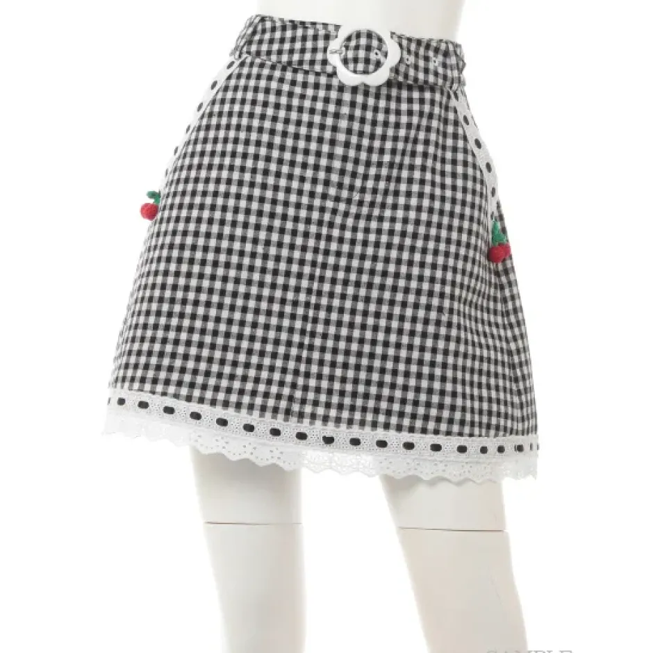 Bottoms>Swankiss Cherry Motif Gingham Skirt